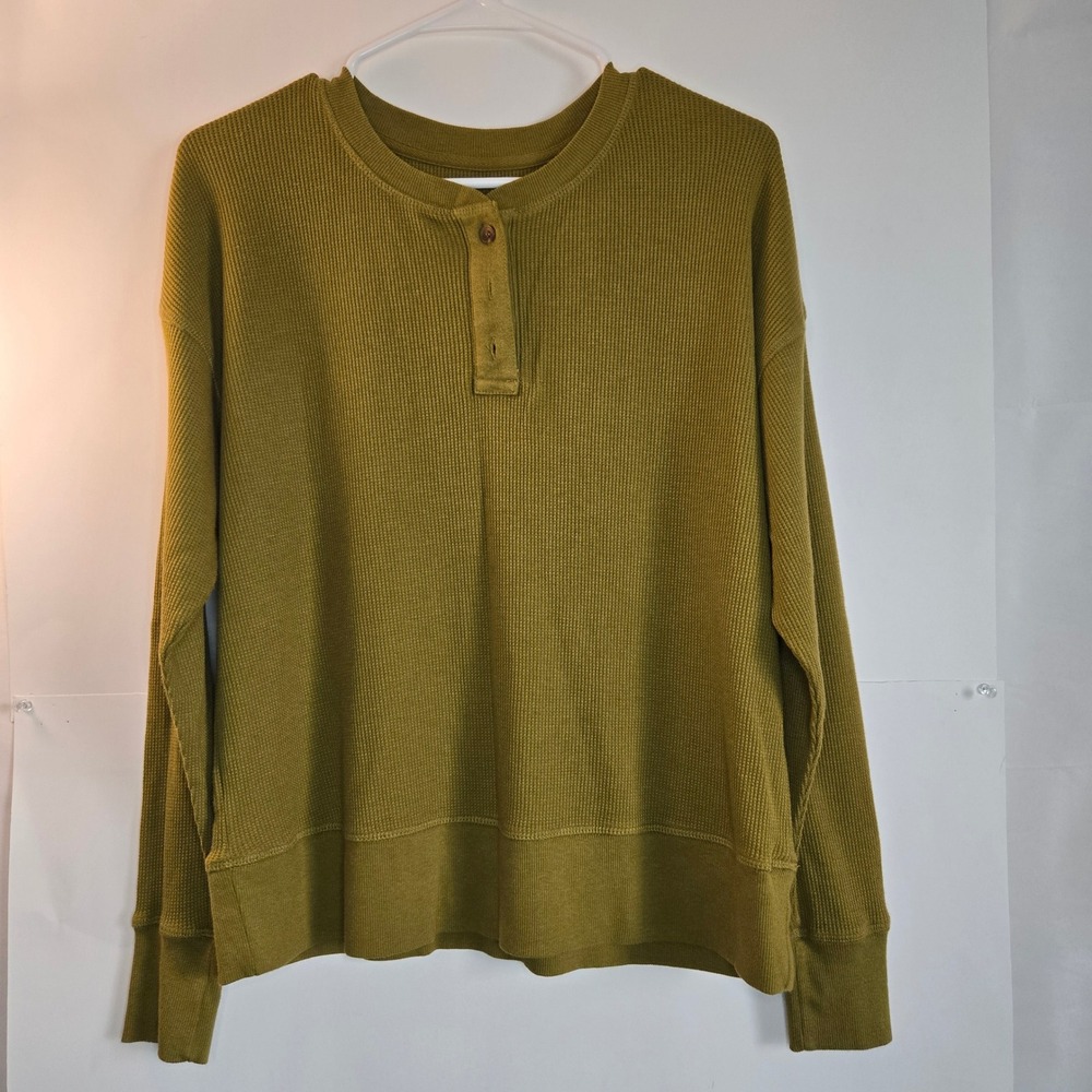 Lou & Grey Women XS Olive Green Waffle Knit Henley Long Sleeve Top RN140923